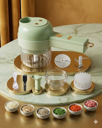 Green kitchen chopper with attachments on a marble surface with ingredients around